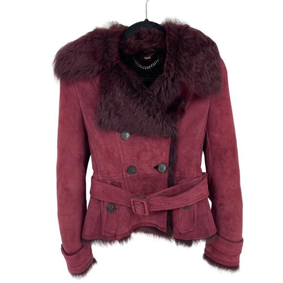 Burberry Burgundy Suede Shearling Haddingcroft Double Breasted Jacket US size 2 - Picture 4 of 16
